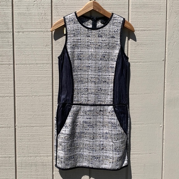 Theory Waldia Alluring Tweed Satin Panel Sheath Dress - Picture 3 of 13